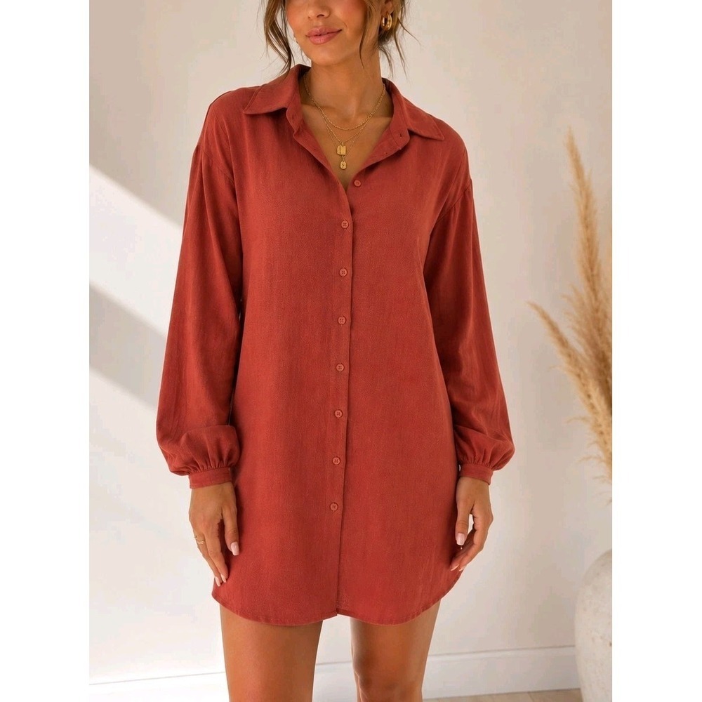 PrettyLittleThing Tall Mocha Button Front Shirt Dress Long Sleeve US 8 NWT